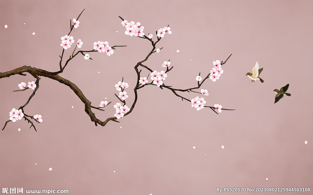 新中式工笔花鸟桃花背景墙装饰画