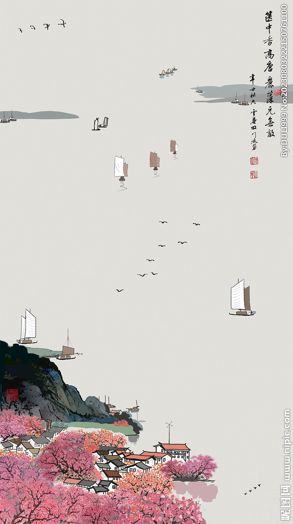 国画水墨山水画江南春色