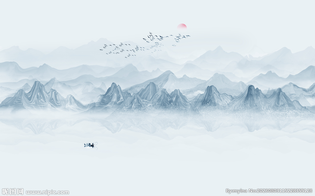 中式前台水墨山水画背景墙