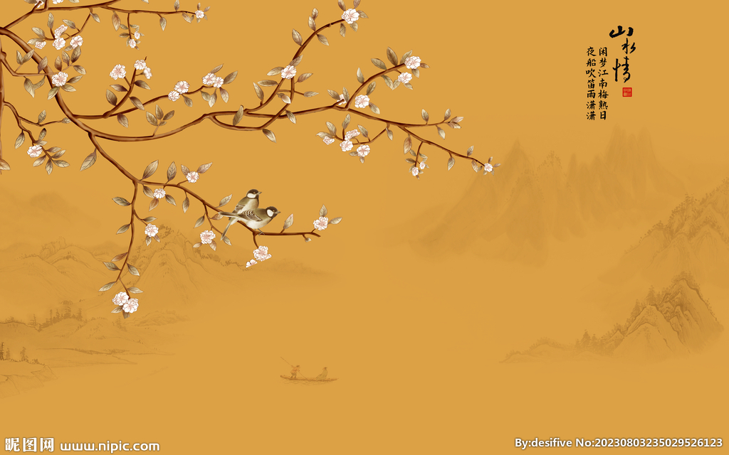 新中式工笔花鸟画电视背景墙