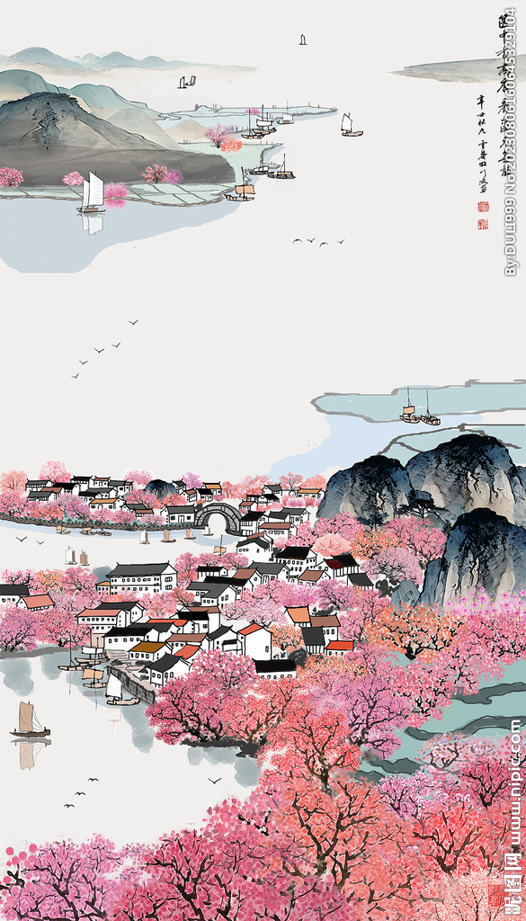 国画水墨山水画江南春色