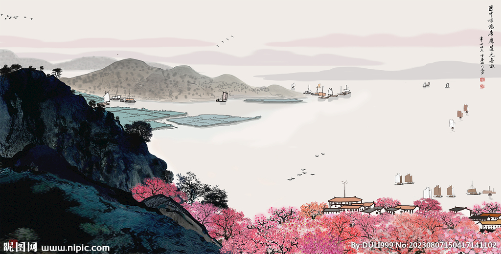 国画水墨山水画江南春色