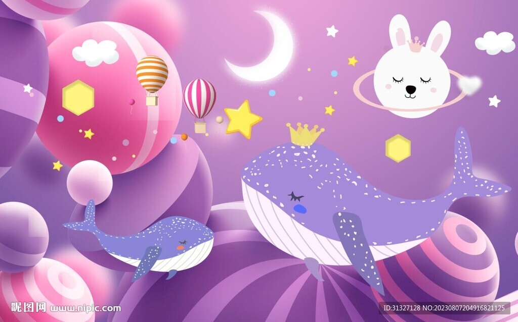 梦幻卡通鲸鱼儿童房背景墙图片