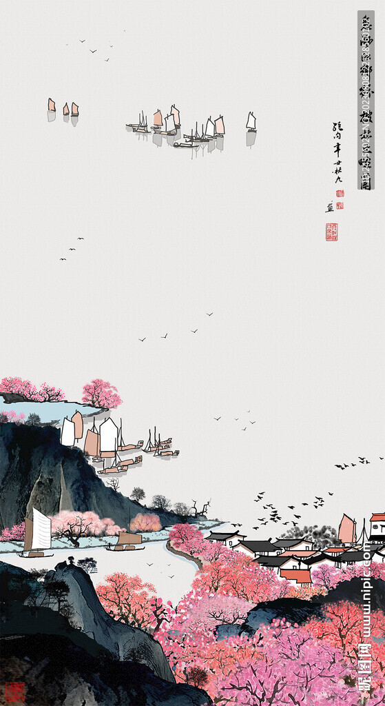 手绘国画水墨山水画江南春色图