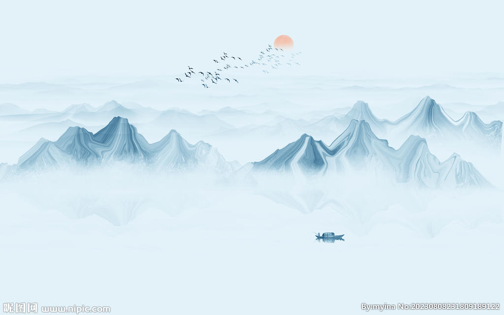 新中式蓝色山水画背景墙