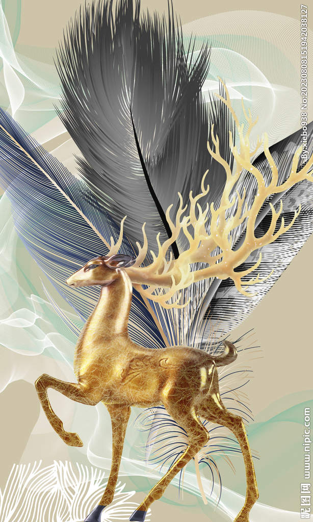 金色麋鹿羽毛艺术挂画装饰画