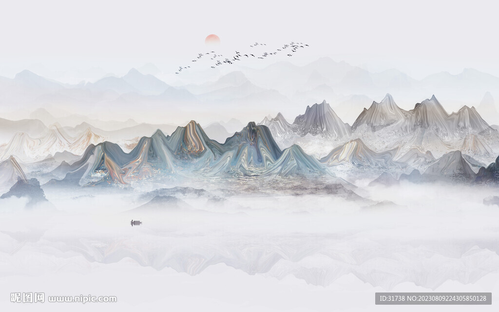 中式意境水墨山水画背景墙