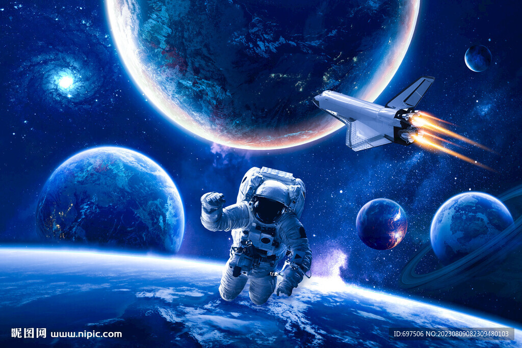 蓝色宇宙星球太空火箭宇航员背景