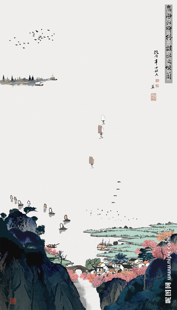 水墨山水画水墨江南