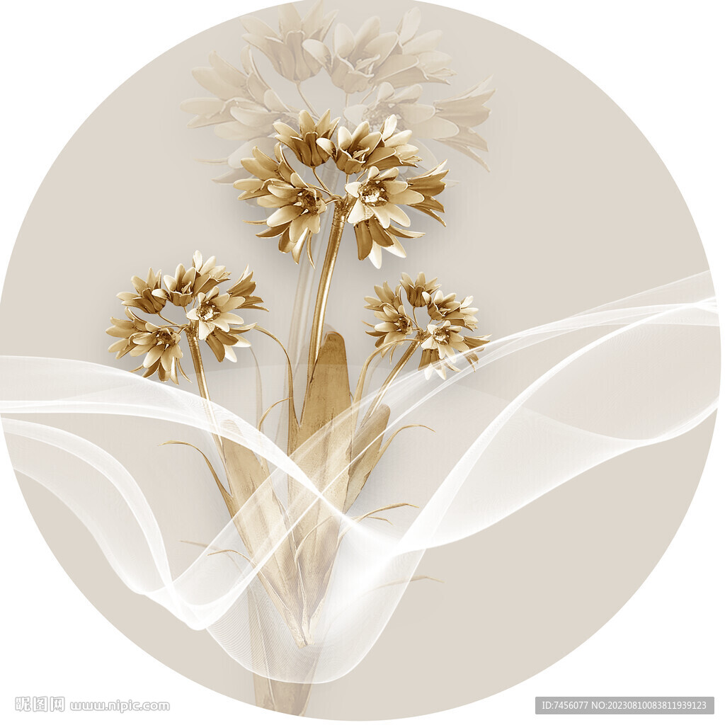 复古花卉花束圆形挂画装饰画