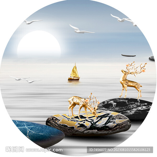 金色麋鹿湖畔美景挂画装饰画