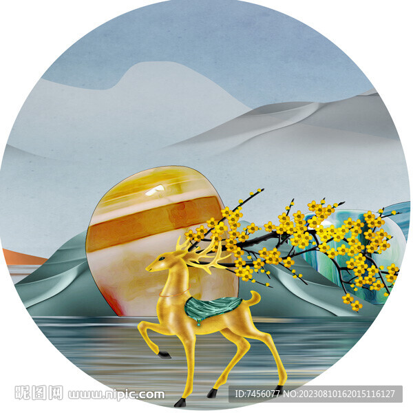 梅花鹿水墨风景画圆形挂画装饰画