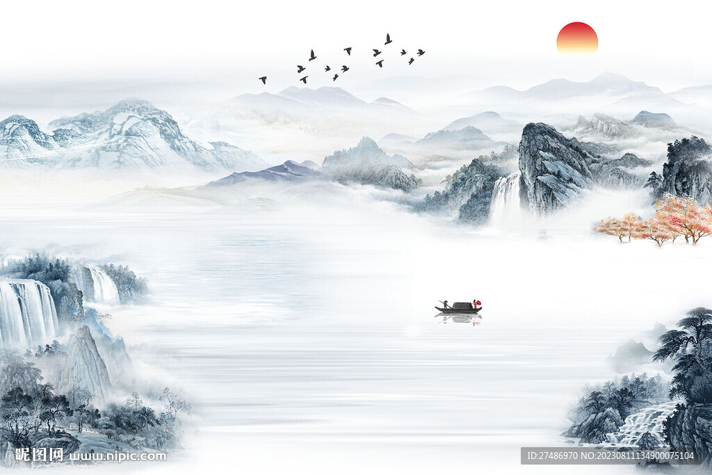 新中式蓝色古典意境水墨电视背景