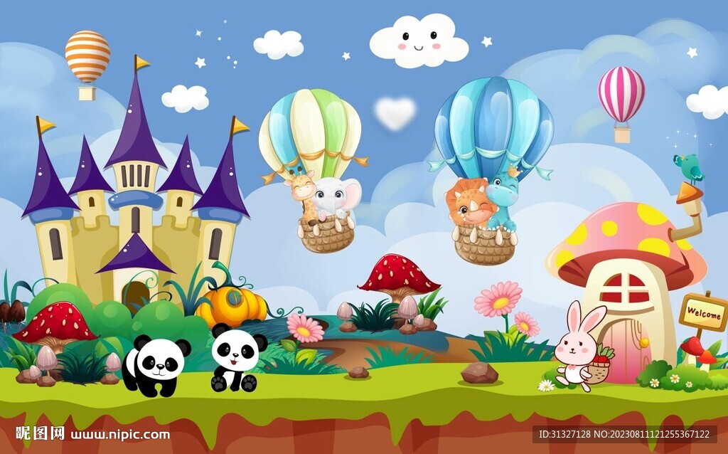 卡通儿童城堡动物背景墙图片