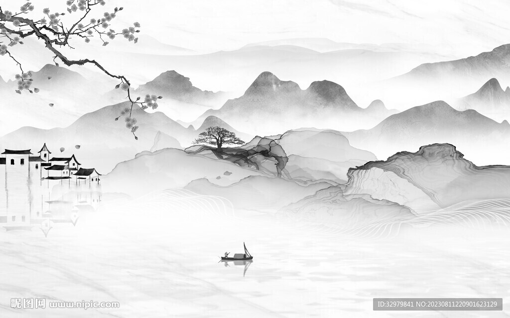 意境 灰色中式山水 Tif分层