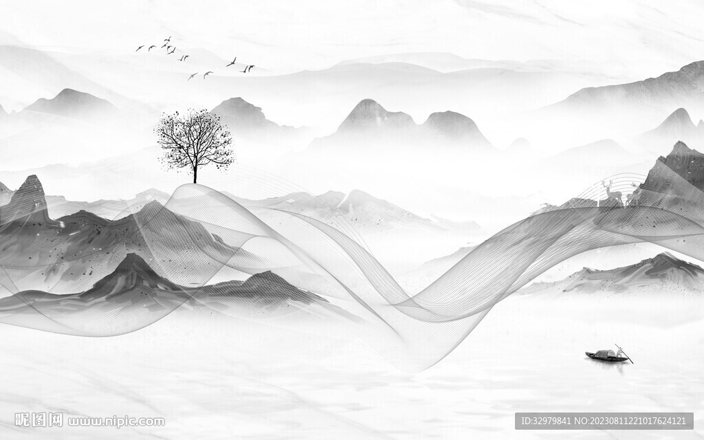 别墅 灰色中式山水 Tif分层