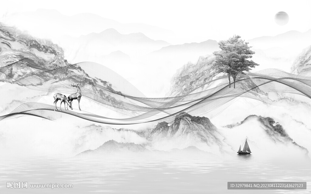 意境 清晰灰色山水 Tif分层