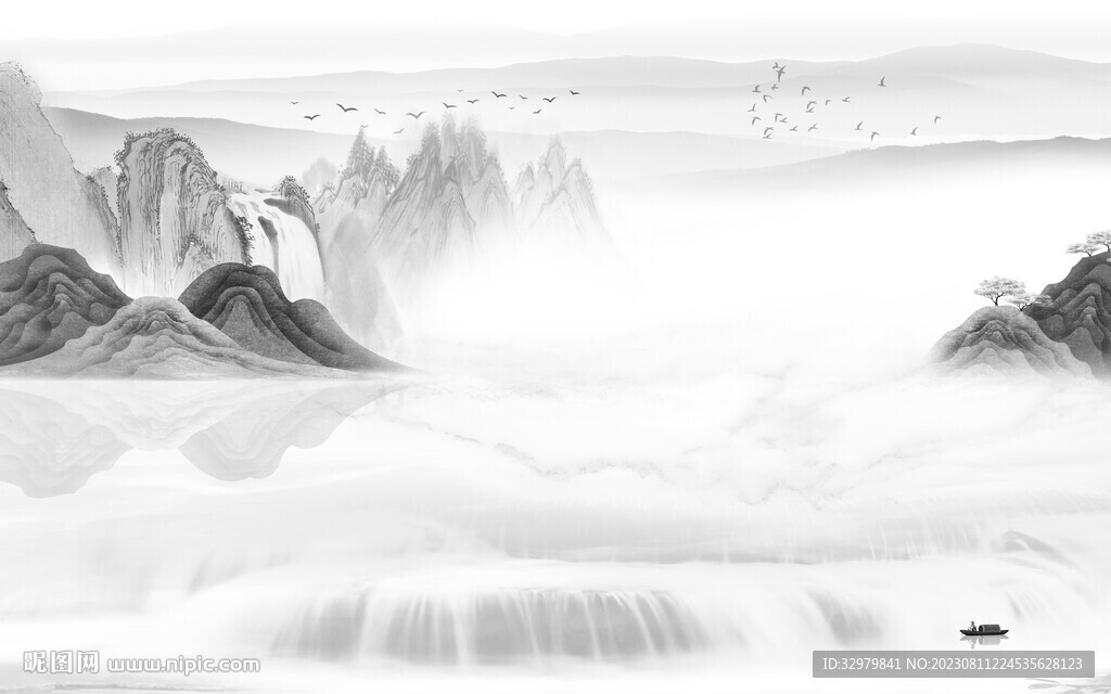 新品 灰色中式山水 Tif分层