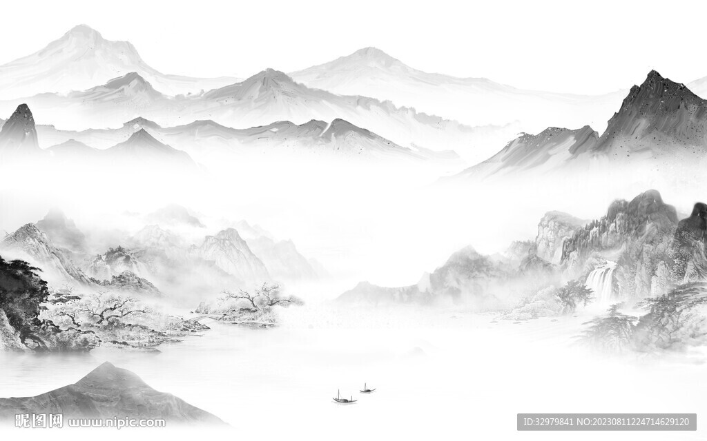 最新 灰色中式山水 Tif分层