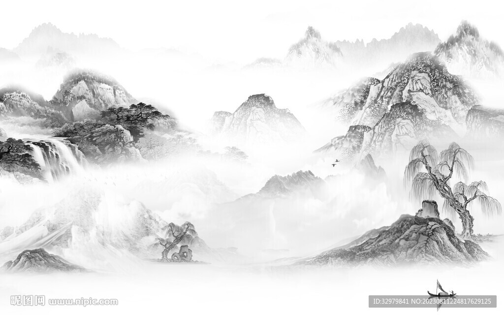 高端 灰色中式山水 Tif分层