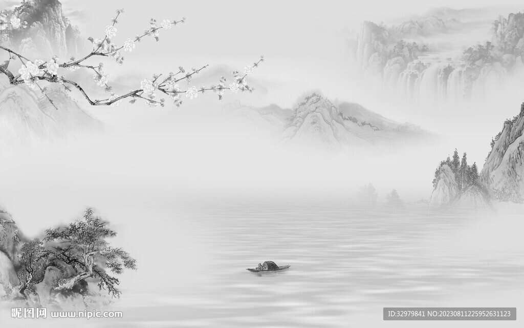 高清 灰色中式山水 Tif分层