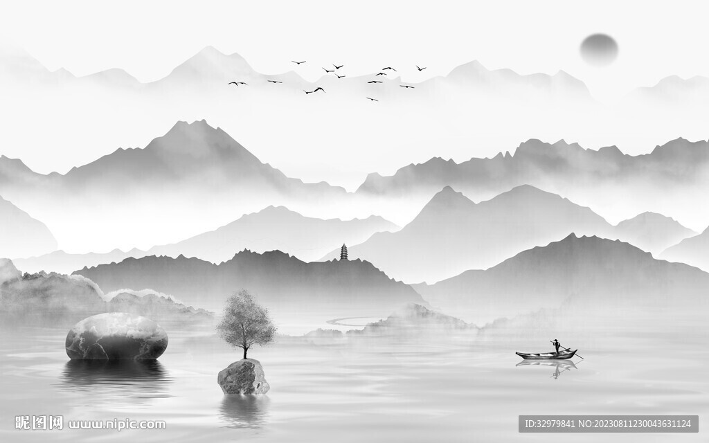 简约 灰色中式山水 Tif分层