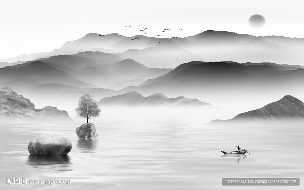 现代 灰色中式山水 Tif分层