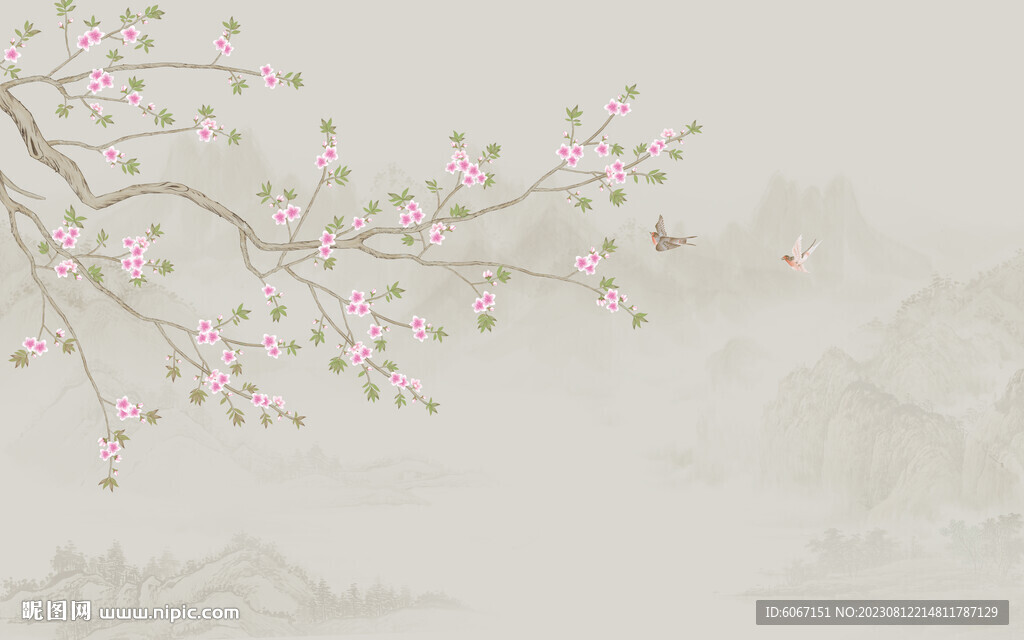 新中式工笔花鸟画背景墙