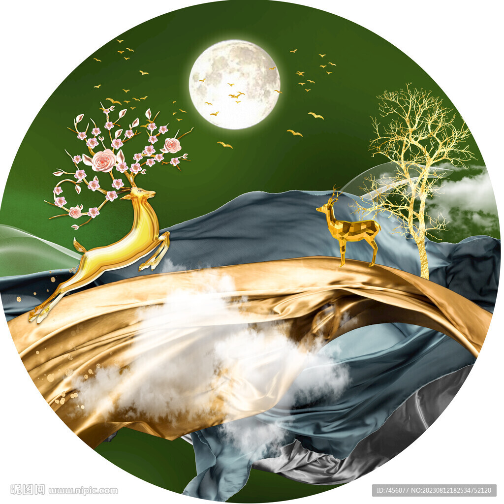 唯美梅花鹿风景画圆形挂画装饰画