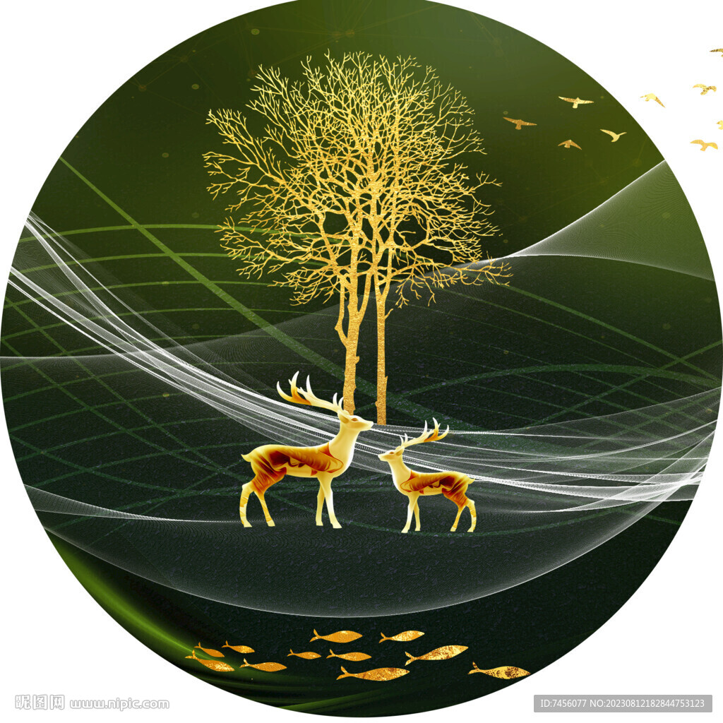 金色麋鹿树林圆形挂画装饰画