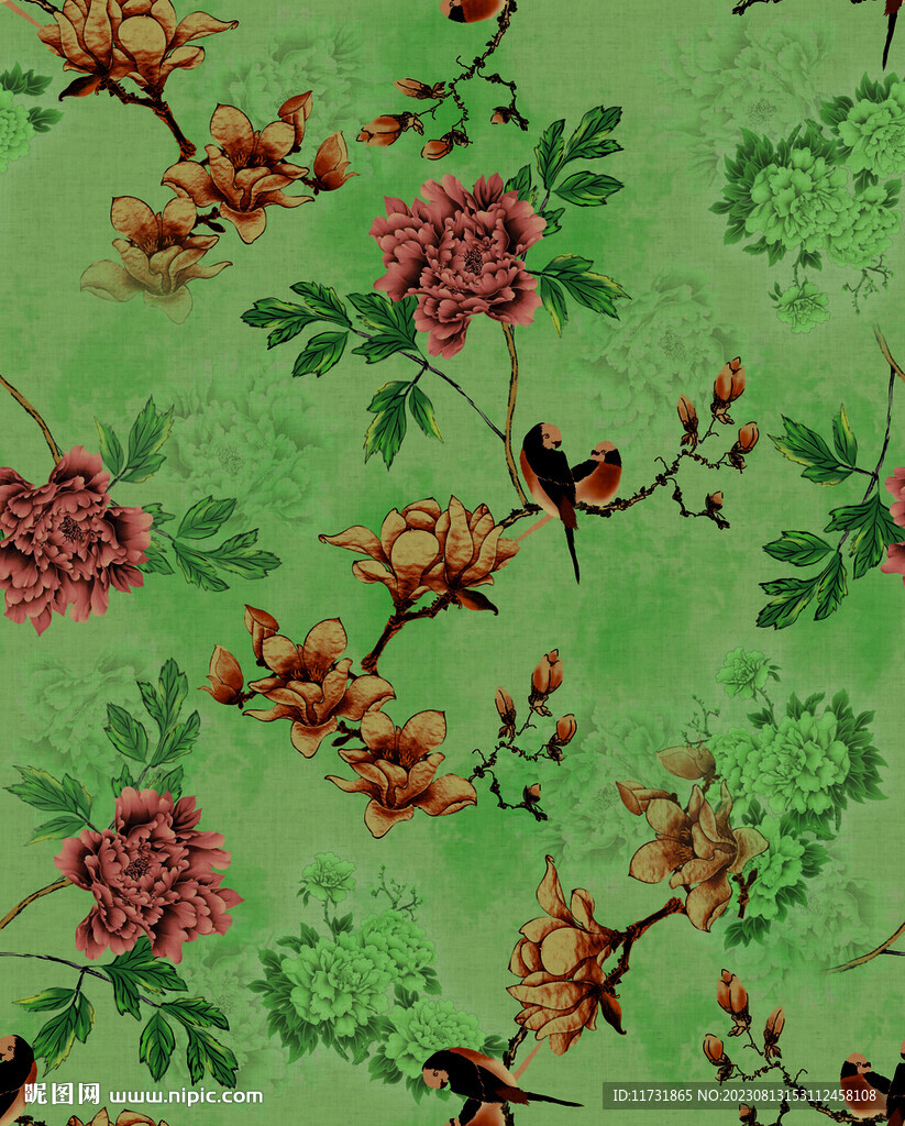 香云纱 牡丹花鸟