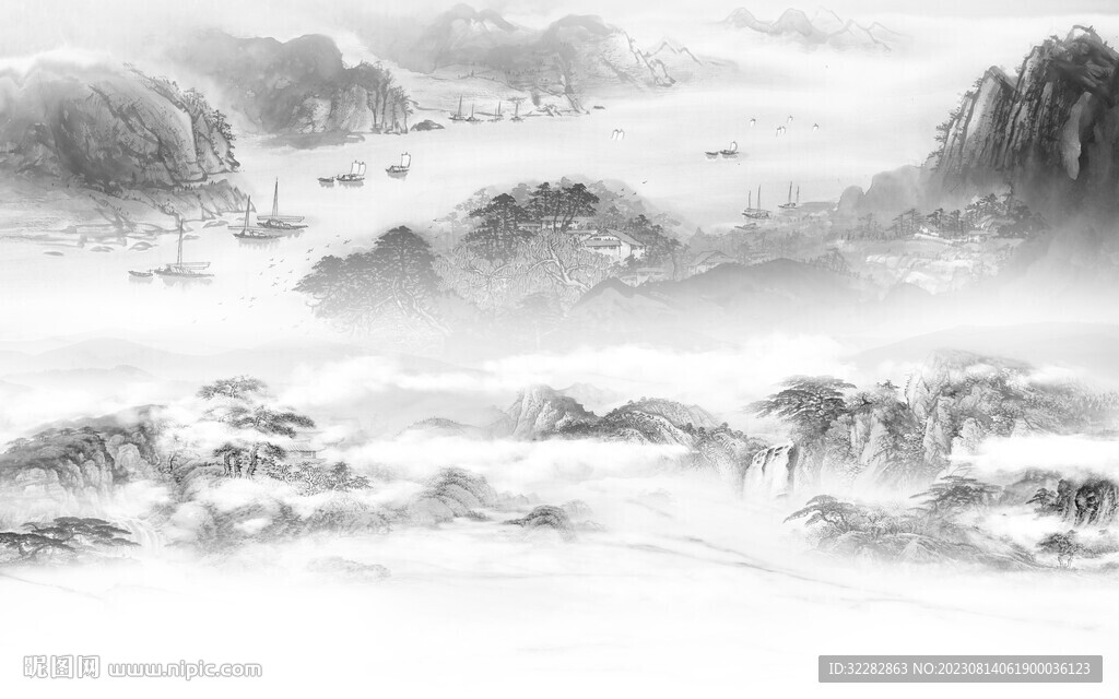 高档 淡雅灰山水画 灰色山水画