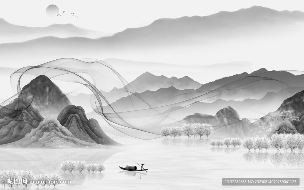 新品 现代灰山水画 TIF分层