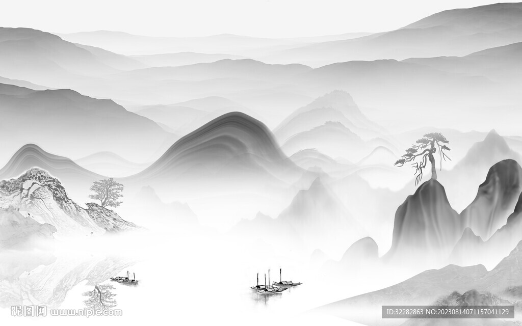 新款 现代灰山水画 TIF分层