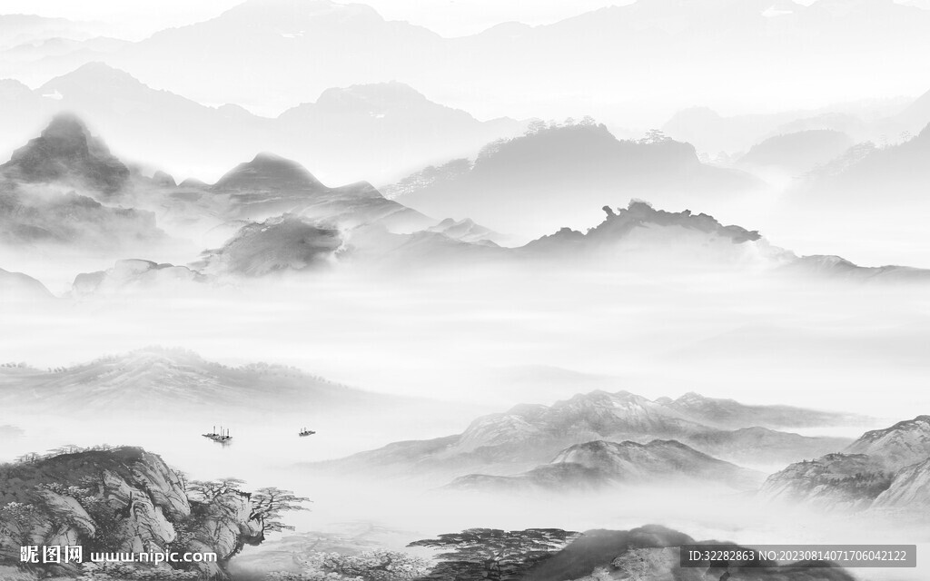 现代灰山水画 TIF分层