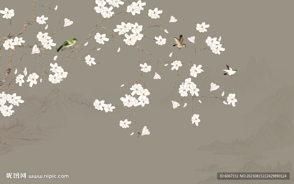 中式玉兰花壁画背景墙