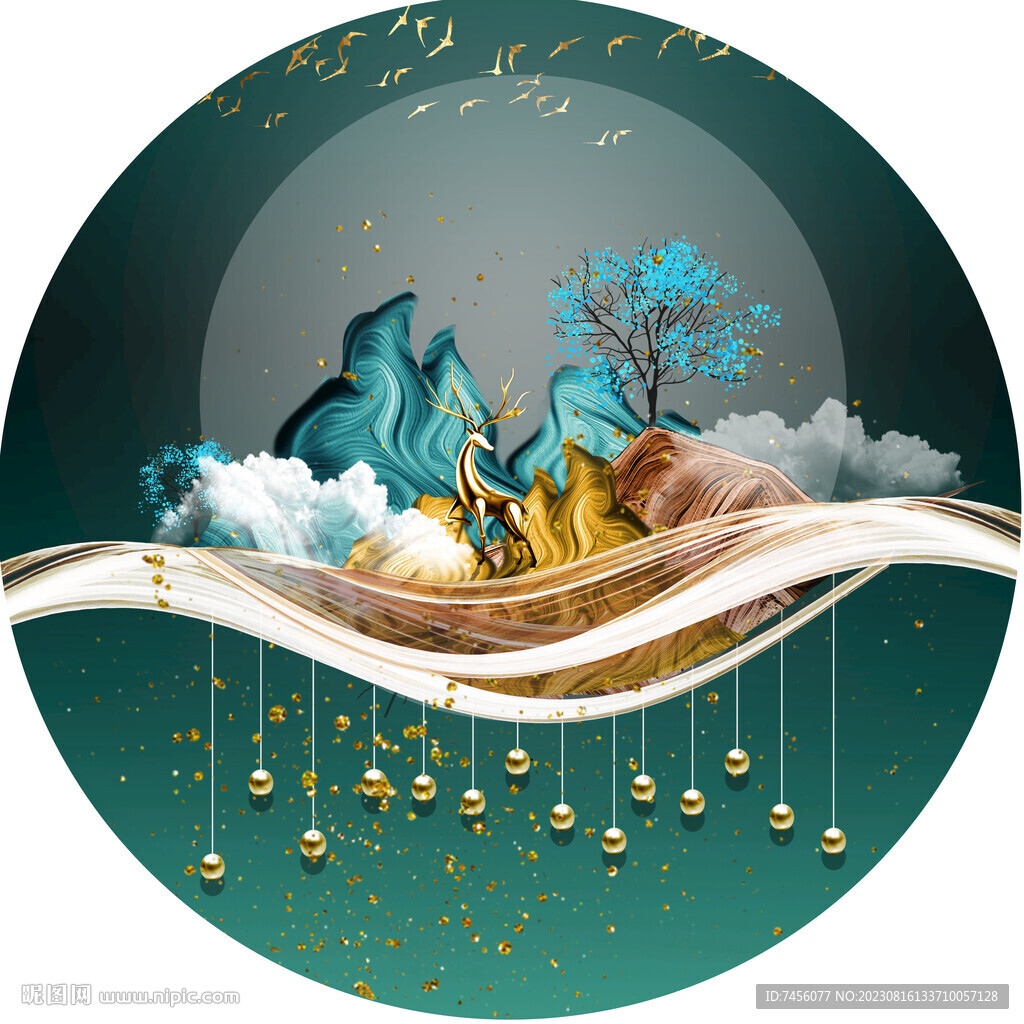 麋鹿山脉水彩圆形挂画装饰画