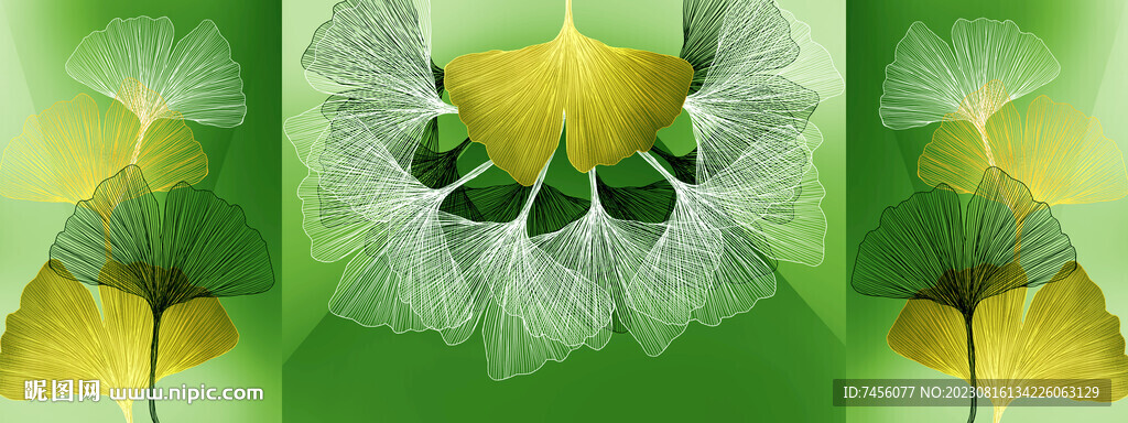 绿色简约树叶三联挂画装饰画