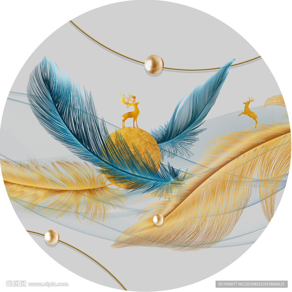 轻奢羽毛麋鹿圆形挂画装饰画