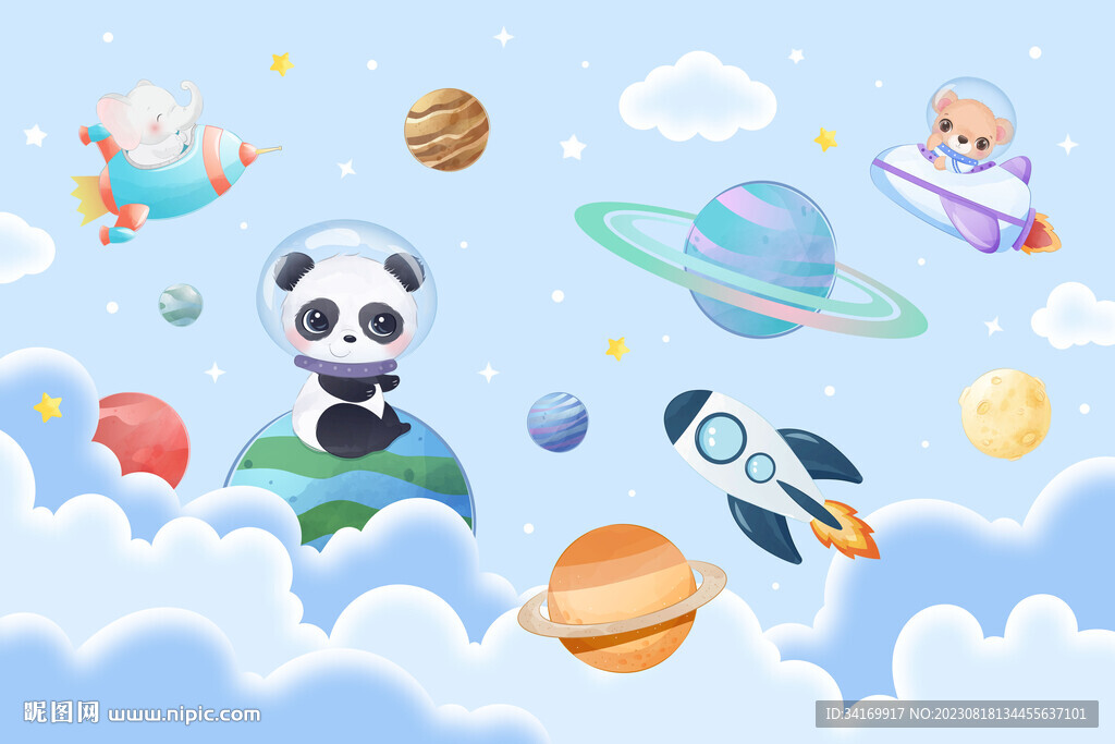 卡通动物宇航员太空火箭星球背景