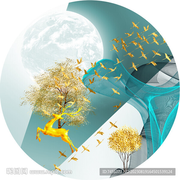 麋鹿发财树高清圆形挂画装饰画