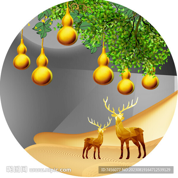 金色湖畔麋鹿高清圆形挂画装饰画