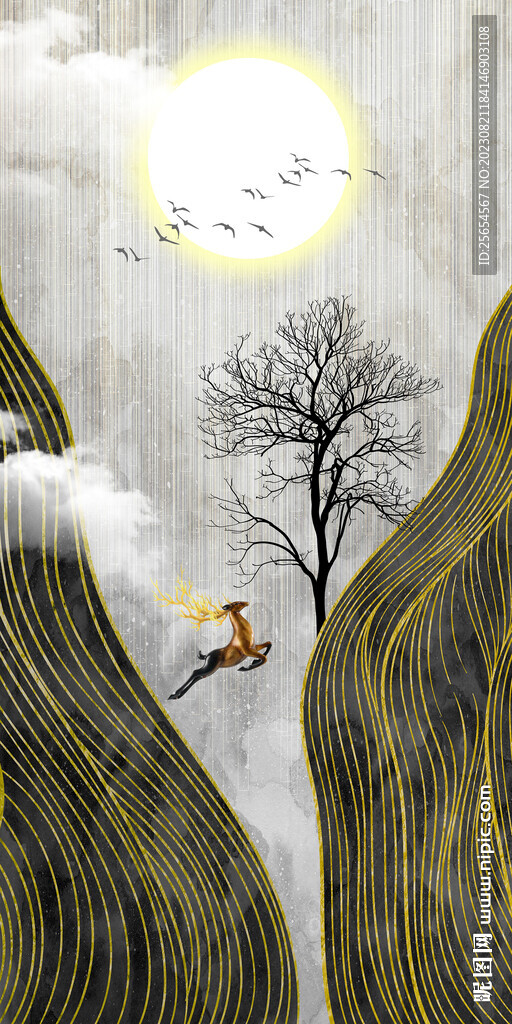 现代北欧风抽象森林麋鹿玄关