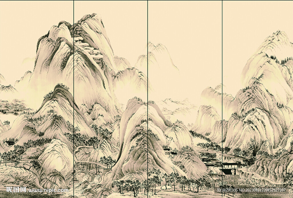 新中式山水 背景墙壁画 硬包