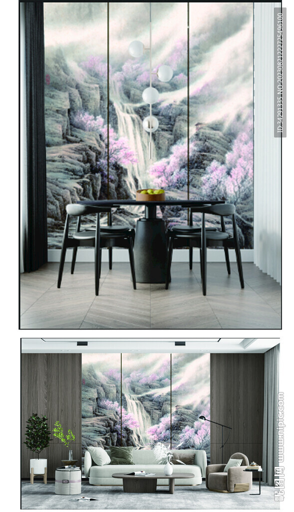 新中式山水 背景墙壁画 硬包 