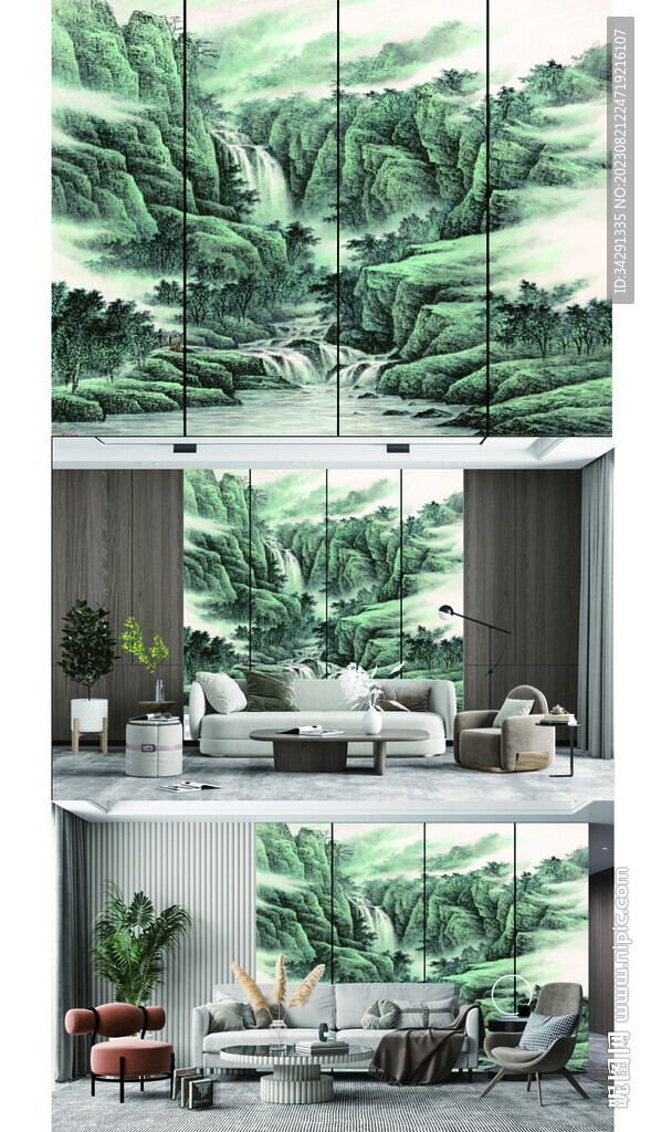 新中式山水 背景墙壁画 硬包