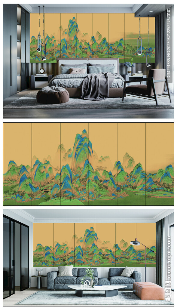 中式山水壁画硬包千里江山图