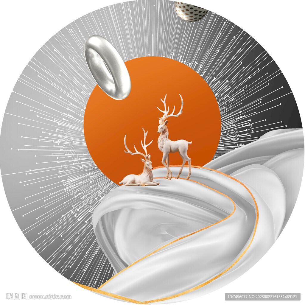 麋鹿绸布轻奢几何圆形挂画装饰画