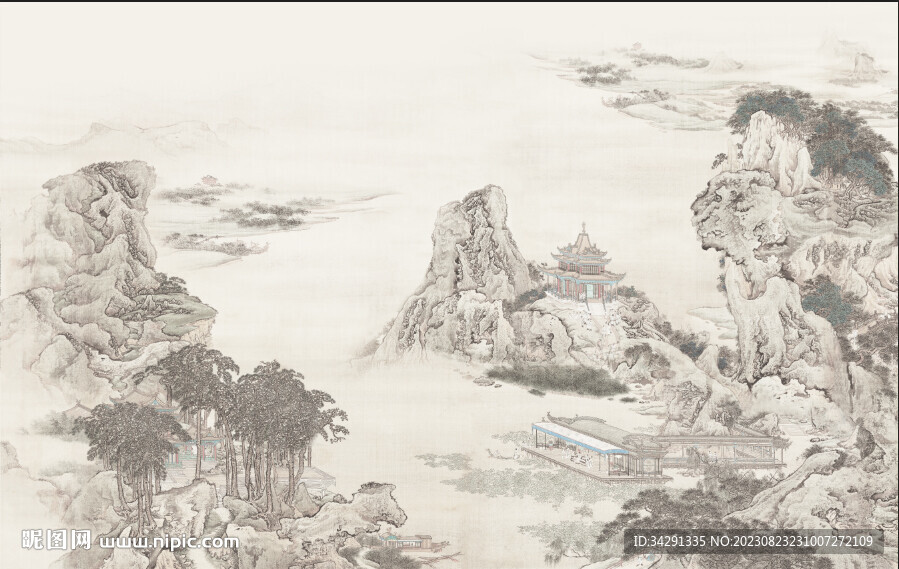 国画山水中式电视背景墙