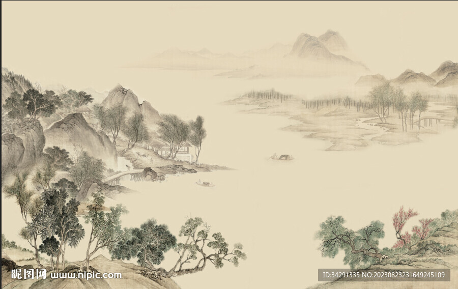 中式电视背景墙 山水 壁画硬包